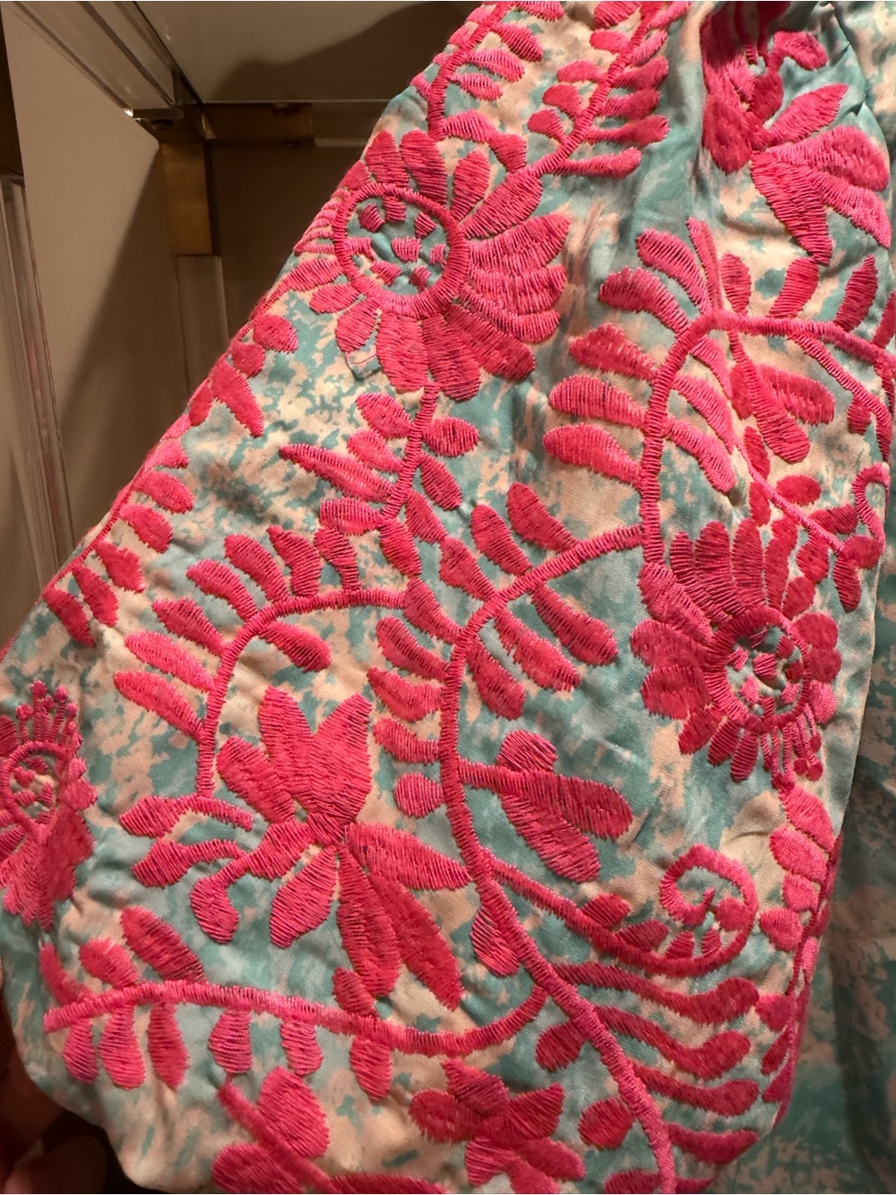 Avara Embroidered Puff Sleeve Blouse in Turquoise & Hot Pink - Picture 5 of 8